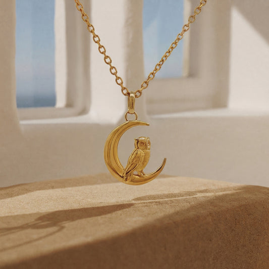 Owl and Crescent Pendant - Gold
