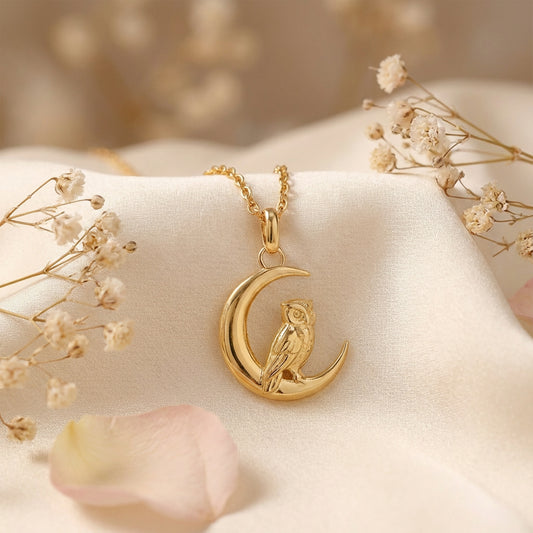 Owl and Crescent Pendant - Gold