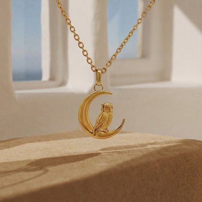 Owl and Crescent Pendant - Gold